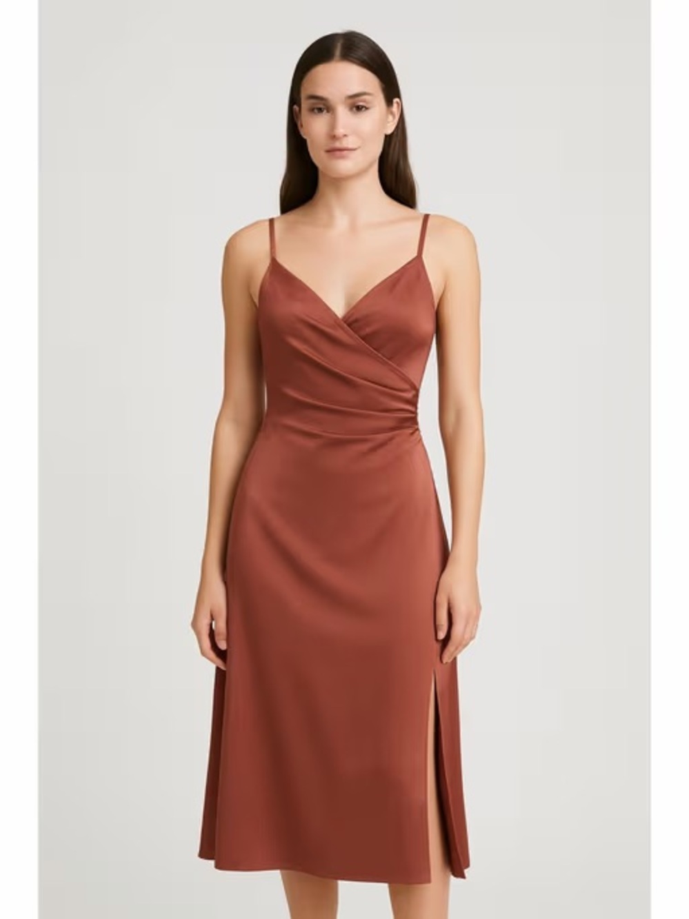 Cider Satin Wrap Midi Dress in Rust Brown